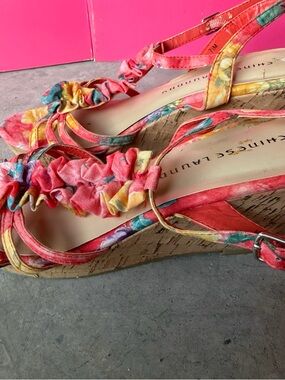 Chinese Laundry Coral Multicolor Floral Ruched Wedge Sandals